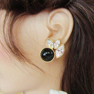 Vintage Swarovski S.A.L. pierced earrings with clear marquise cut stones & onyx